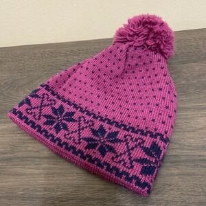 Maureen of the Mews Alpine Pom Hat Purple Navy Knit Wool Ski Cap EUC